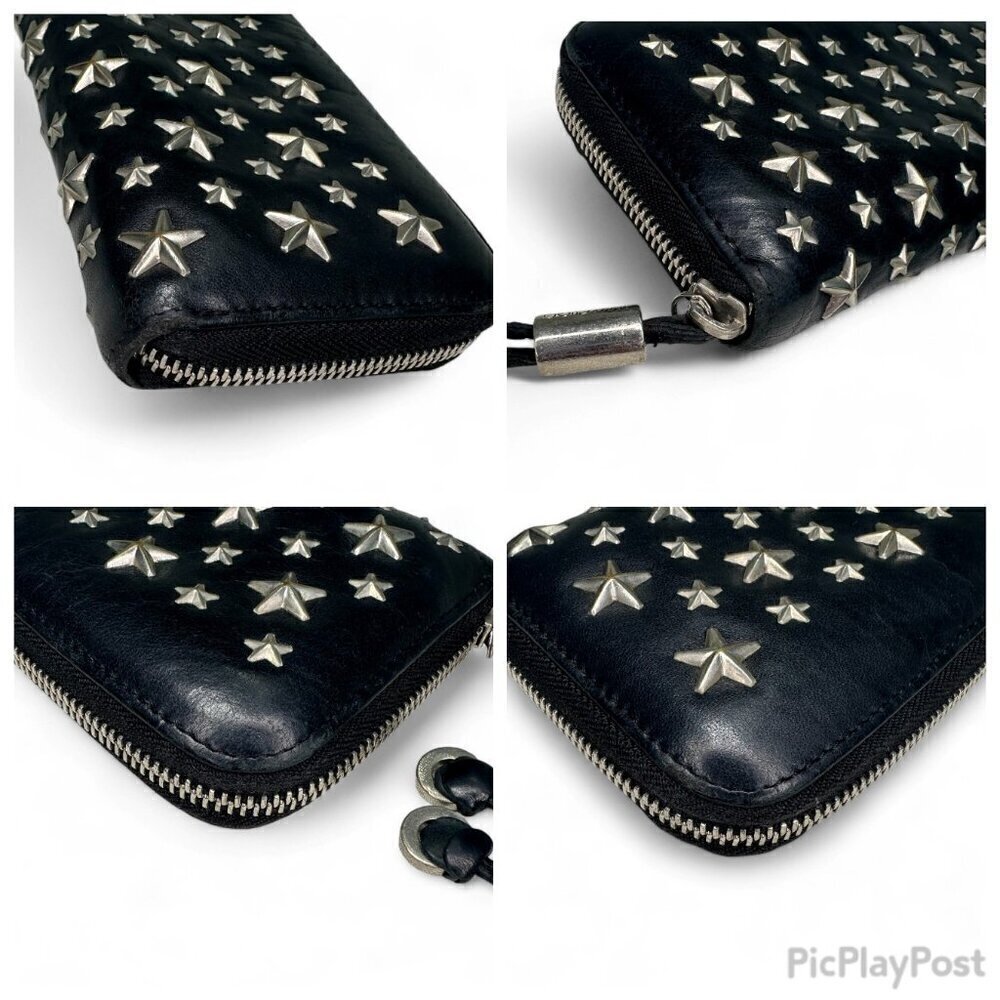 Jimmy Choo Long Black Leather Zippered Wallet, Silver Star Studs w/ Box - USED - Picture 5 of 15